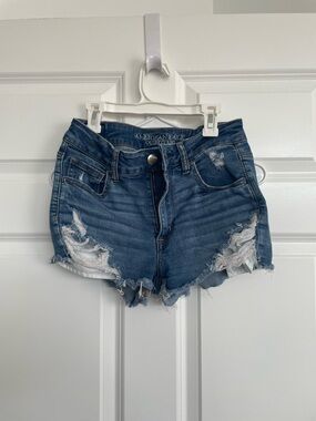 American Eagle Outfitters Ripped High-Rise Denim Shorts - Blue